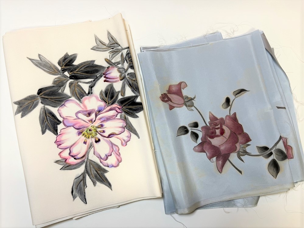 花とら●リサイクル 帯皮 2点セットで 創作 帯地 塩瀬 薔薇 牡丹 繻子地 230107拍卖