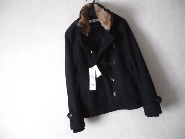 セール半額以下★送料込★ラビットファーメルトンウールPコート 黒拍卖
