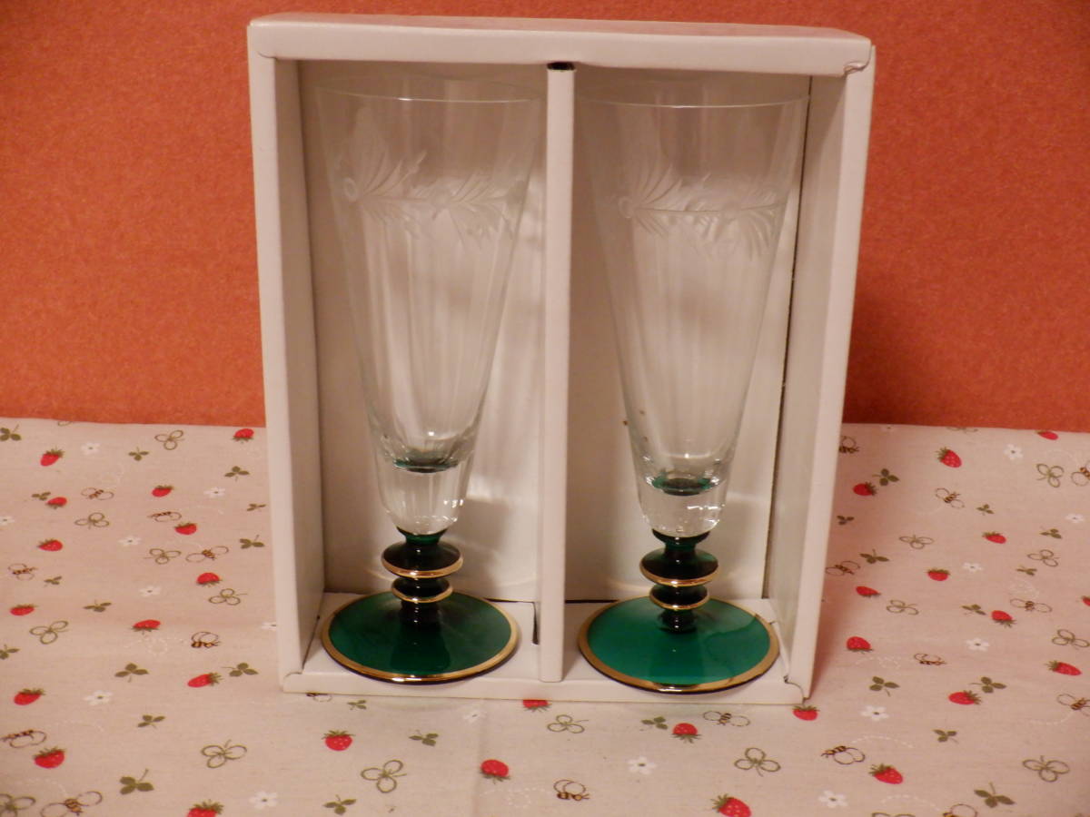 C1『石塚硝子 金彩 アデリア ペアシャンパングラス フルートグラス ルーマニア製 』~箱付き カット細工あり拍卖