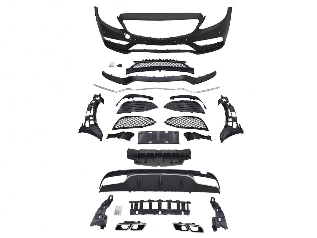 明日着 W205 フロント バンパー リア ディフューザー マフラーカッター AMGライン対応 前期 C63type メルセデス ベンツ Cクラス 即納拍卖