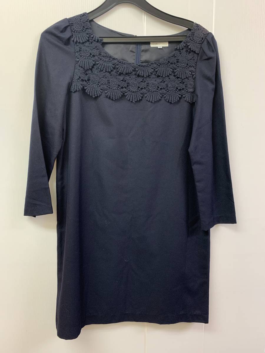 x992★earth music&ecology 七分袖ワンピース ネイビー  サイズM★春拍卖