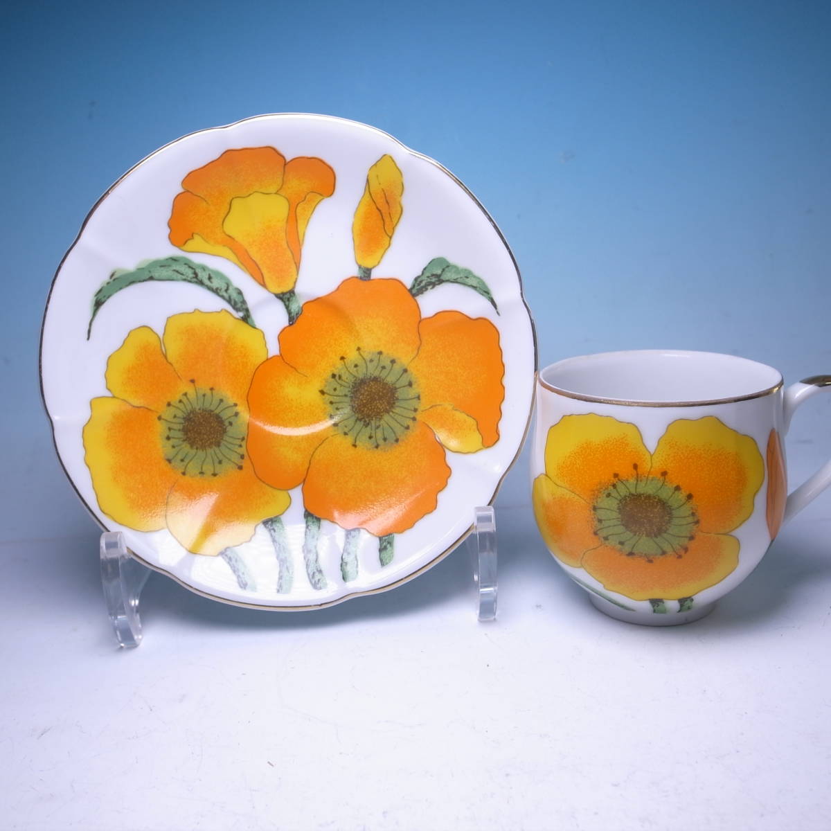 ☆ヴィンテージ SONECHINA ソネチャイナ 金彩ポピーオレンジ 花の図 カップ&ソーサー拍卖
