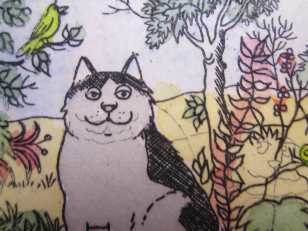 ☆Kach 作 木版画 14/500 『猫と鳥』額装 小品拍卖