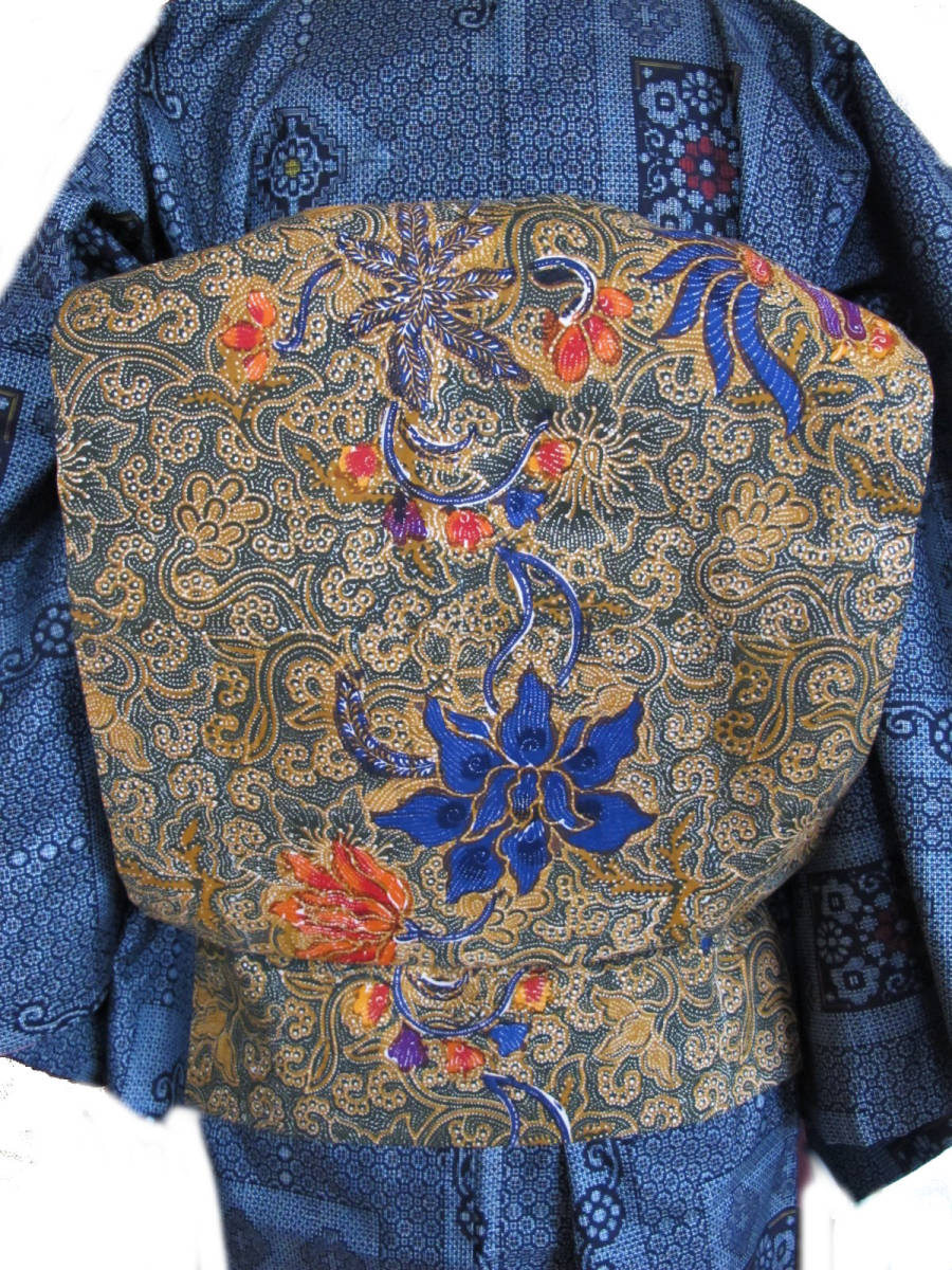 深緑 花鳥唐草 揚羽蝶 バティック名古屋帯 更紗 レターパック可拍卖