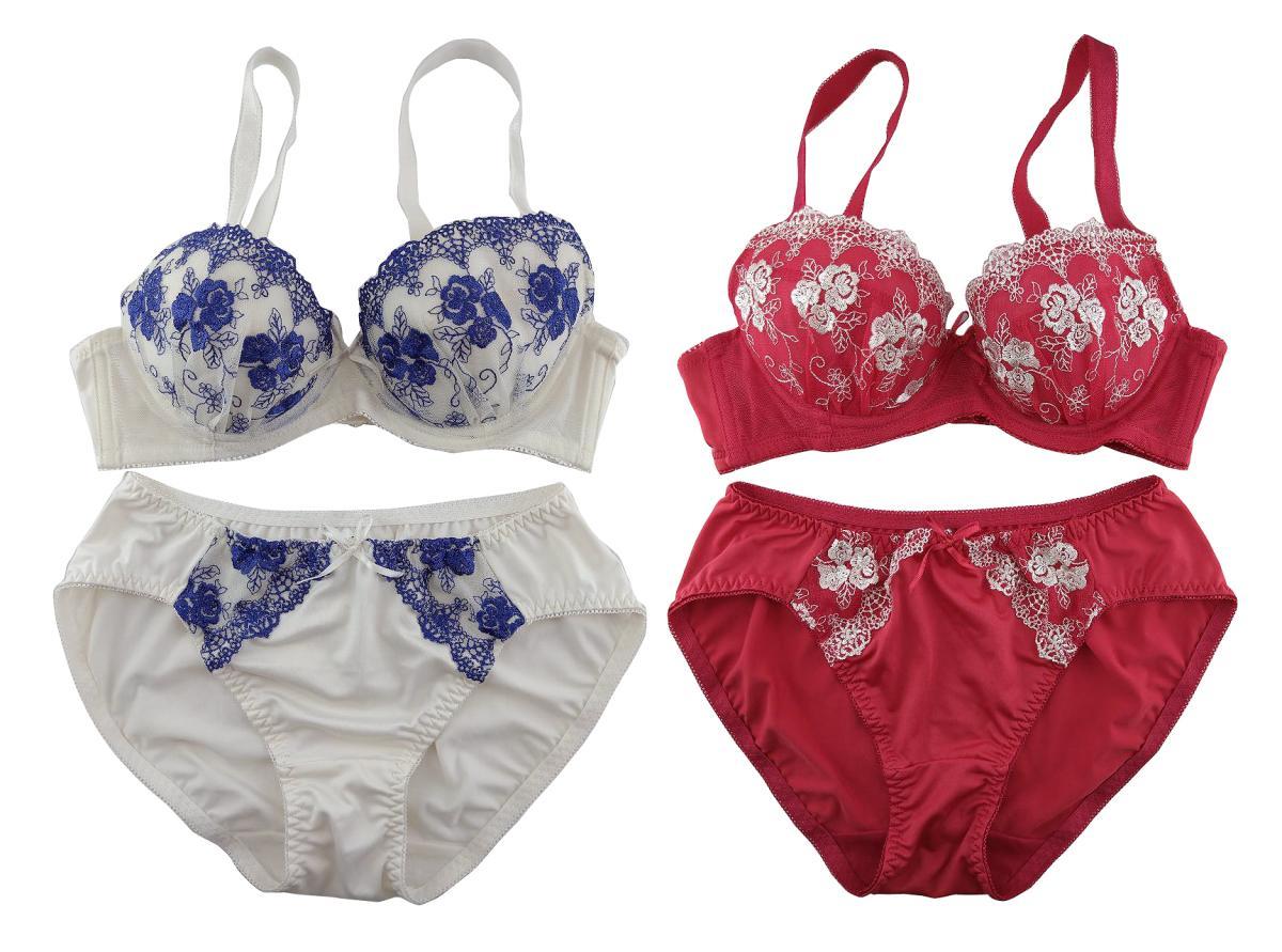 SI7177◇ 新品 吸汗速乾 小花柄刺繍 ブラジャー ショーツ 2組セット ストラップ調節可 ウエストゴム B70 Mサイズ 赤/ 白 白/ 青 送料 350円拍卖