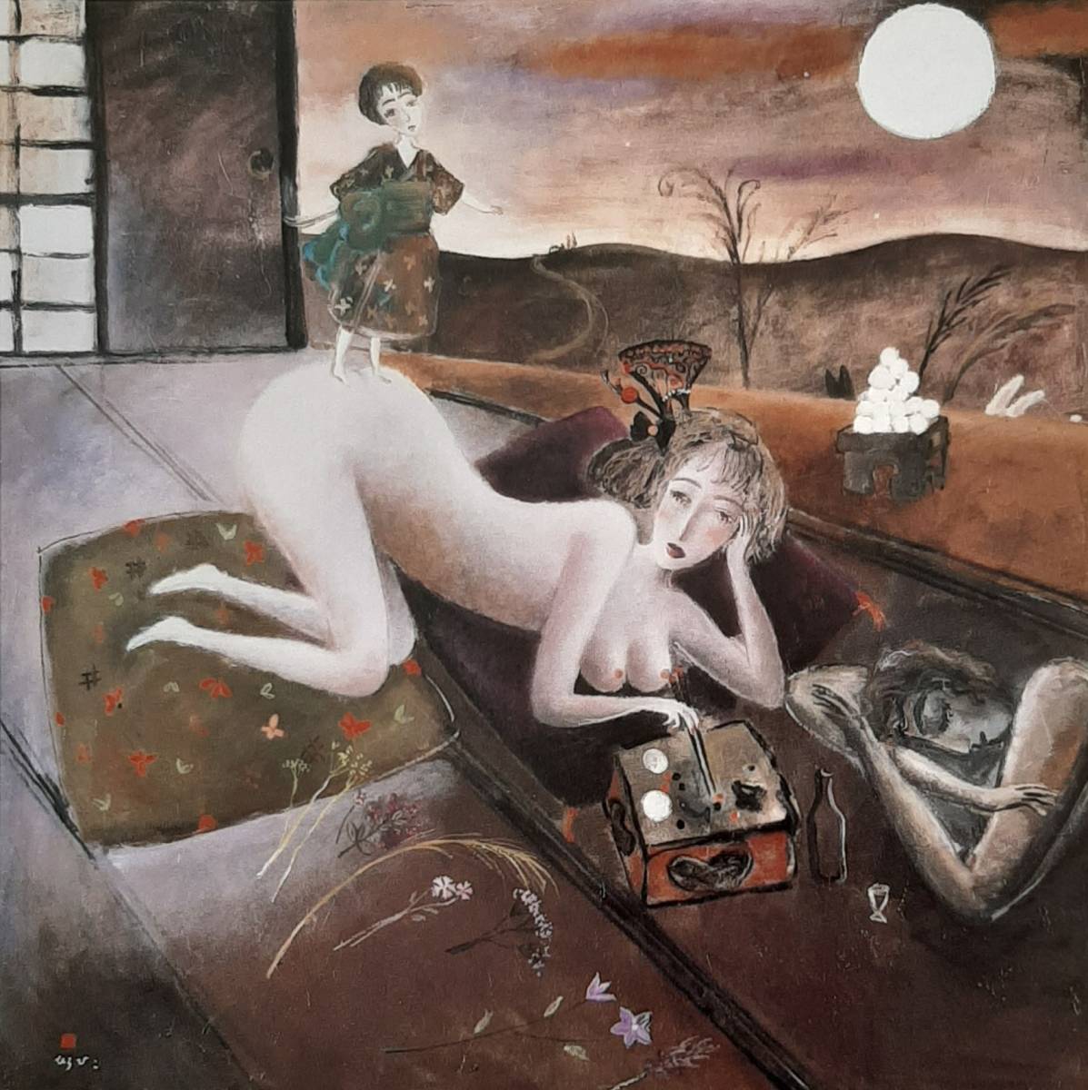 織田広比古、「月の下で」、希少画集の額装画、四季、風景、人気作品、オーダーマット付・日本製新品額入り、送料無料拍卖