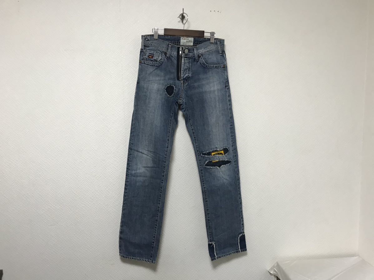 本物エナジーENERGIEコットンダメージ加工ワッペンデニムパンツミリタリーメンズアメカジサーフビジネススーツ青ブルーイタリア製30M拍卖