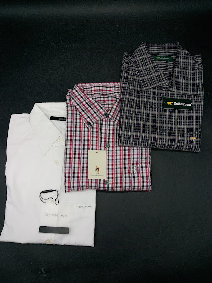 ▽ メンズシャツ 3枚セット / 長袖 Lサイズ 白 グリーン レッド チェックシャツ カルバンクラインジーンズ ハッシュパピー ゴールデンベア拍卖