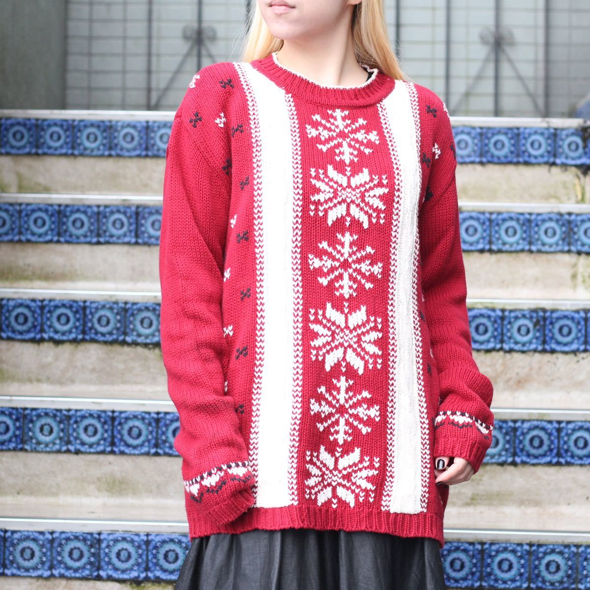 USA VINTAGE Lizsport SNOW DESIGN OVER KNIT/アメリカ古着雪デザインオーバーニット拍卖