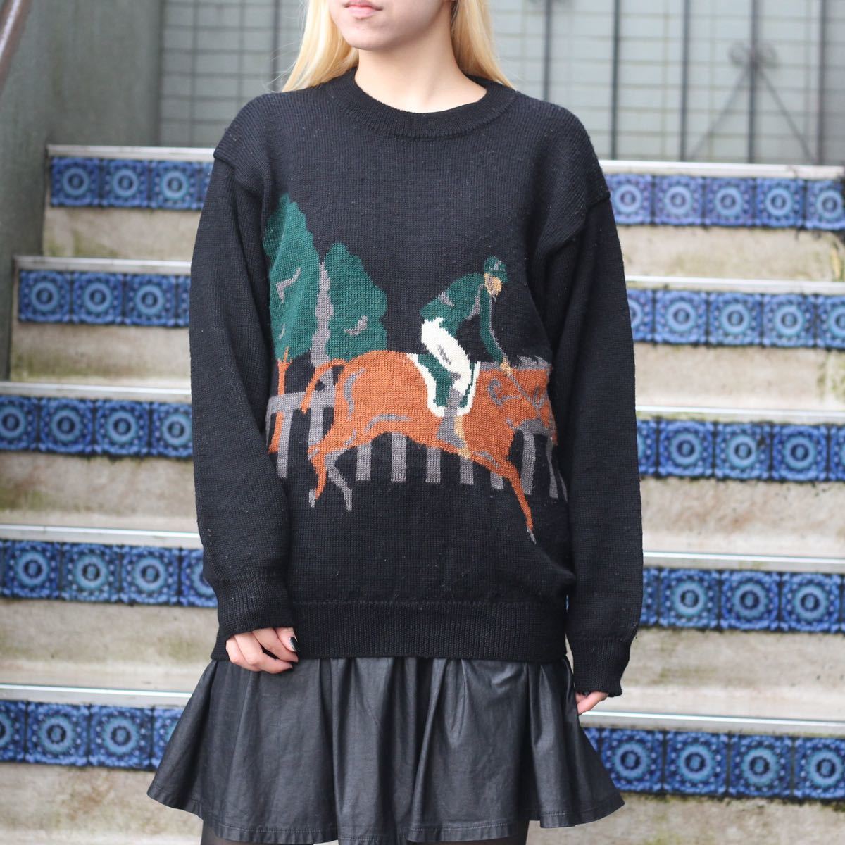 USA VINTAGE JOCKY DESIGN KNIT/アメリカ古着ジョッキー乗馬デザインニット拍卖