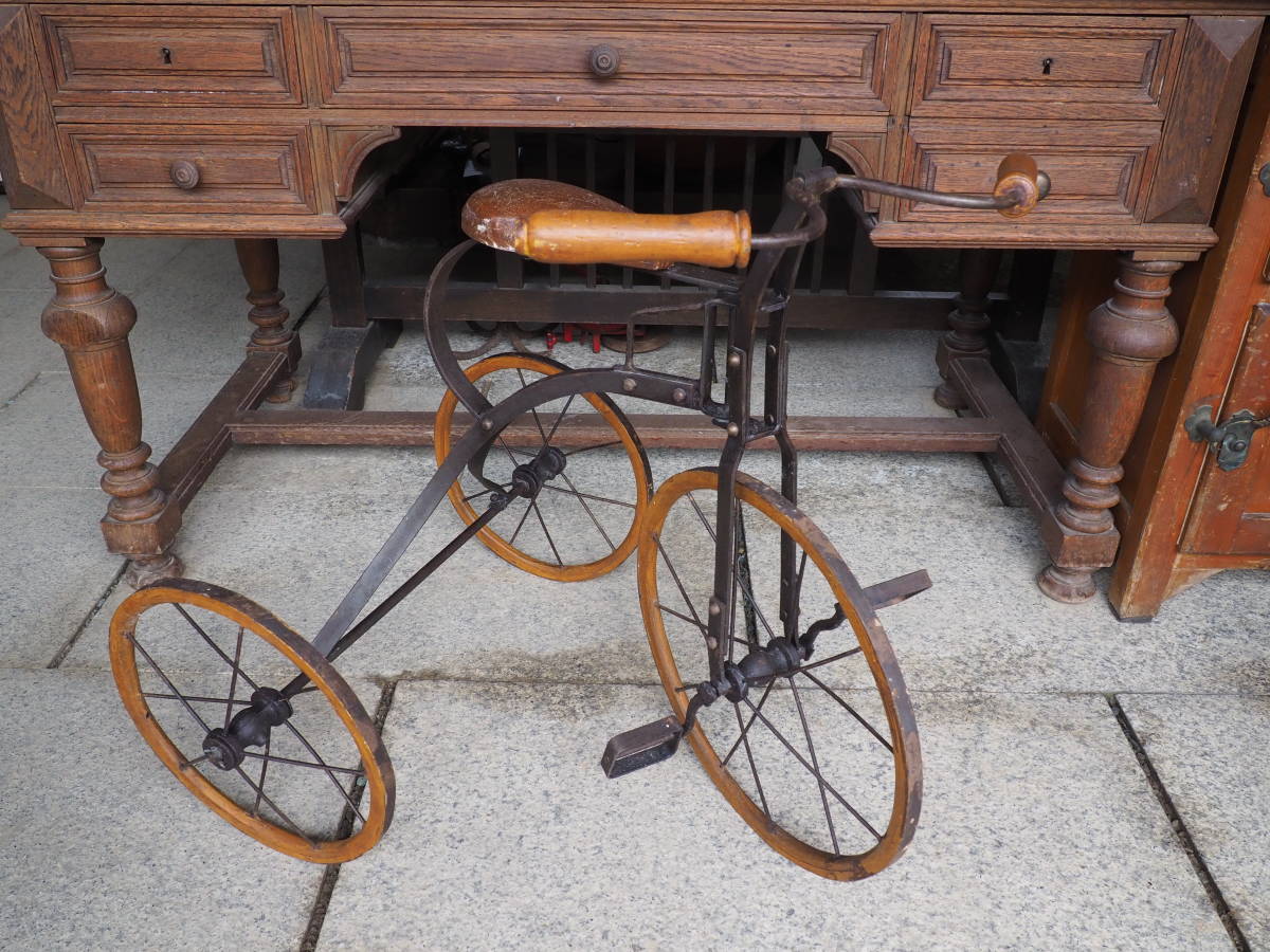 【フランス蚤の市アイアン三輪車】本革サドル自転車ペダルカー木製ハンドル古道具アンティーク骨董インテリア車輪インダストリアルダルマ拍卖