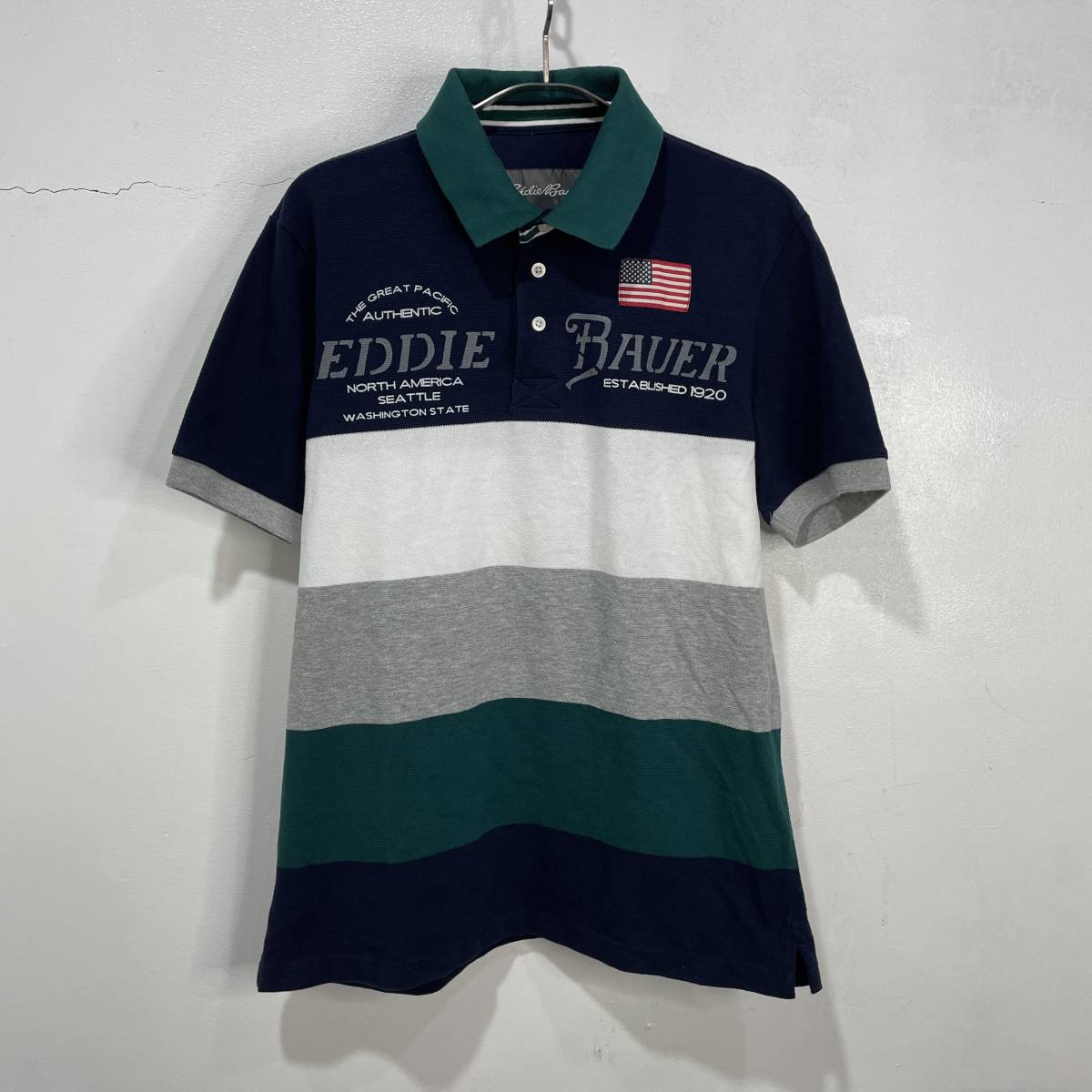 送料無料☆Eddie Bauer☆エディーバウアー☆マルチボーダーポロシャツ☆半袖☆ロゴ☆ボーダー☆M☆A23拍卖
