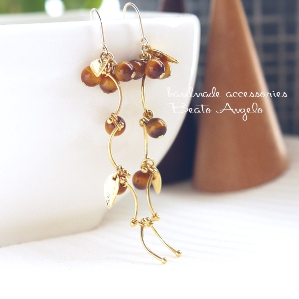 ■+angelo+高品質★天然石タイガーアイのウェーブピアス(p-033)G イエロー ブラウン拍卖