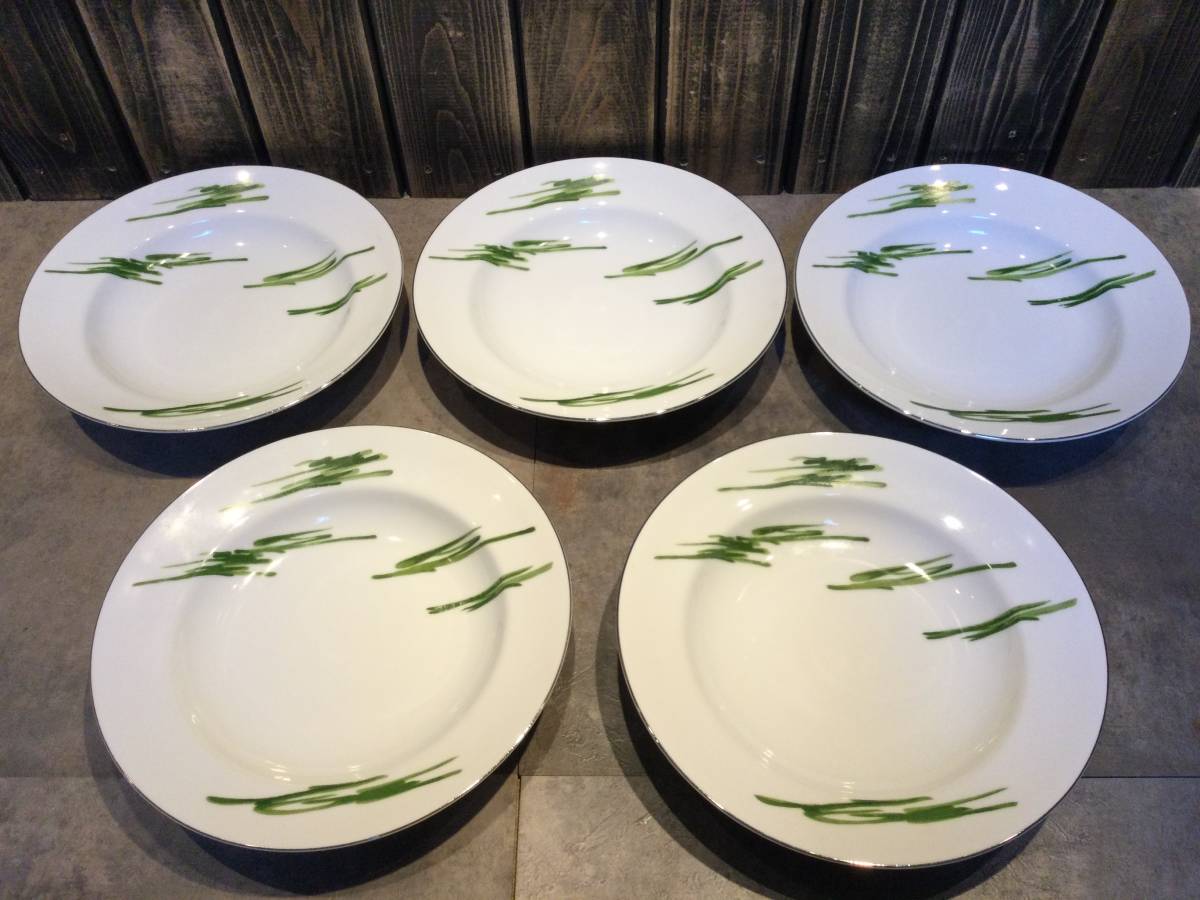 美品 昭和レトロモダン NARUMI ナルミ カレー・シチュー皿 5点セット 緑絵柄 銀縁 アンティーク 昭和33(1958)年拍卖