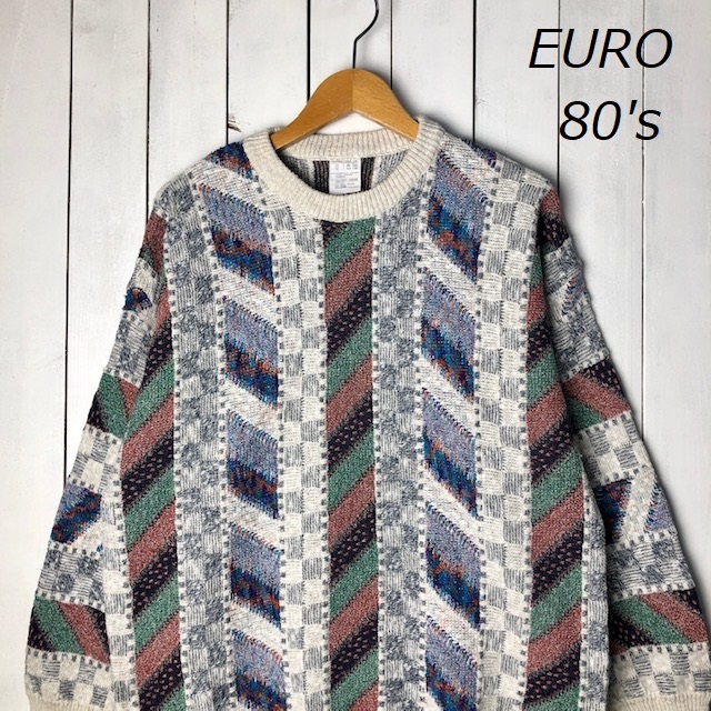ヨーロッパ古着 80s 総柄 コットン・アクリル デザインニットセーター 48/50 オールド ヴィンテージ ユーロ L~XL 秋冬春 ジャガード ●188拍卖