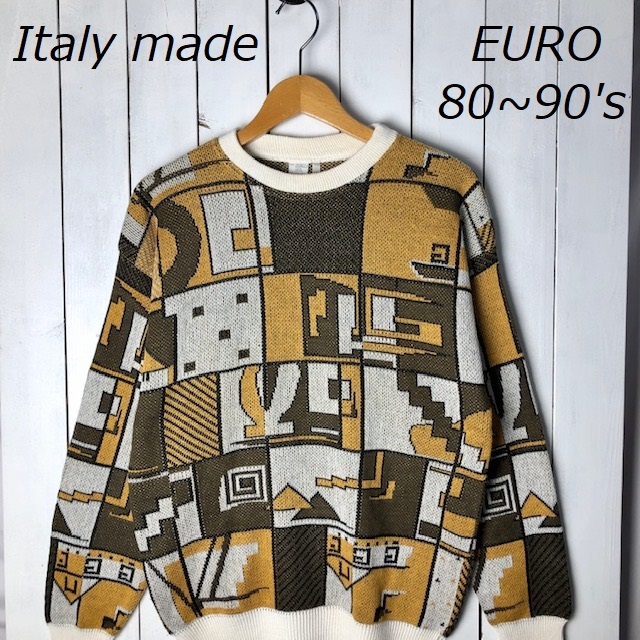 ヨーロッパ古着 80s~90s イタリア製 コットン・アクリル ジャガードニットセーター 50 オールド ヴィンテージ デザインニット M程度 ●190拍卖