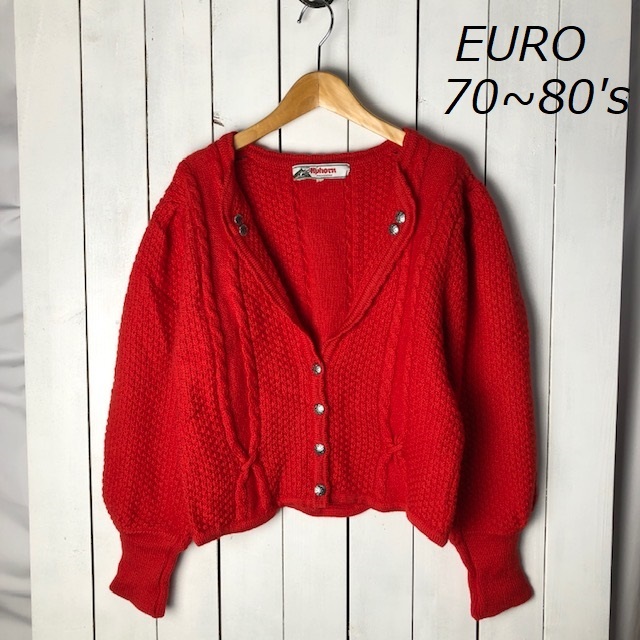 ヨーロッパ古着 70s~80s Alphorn ショート丈 チロルウールニットジャケット カーディガン 50 朱色 ヴィンテージ ユーロ チロリアン ●201拍卖
