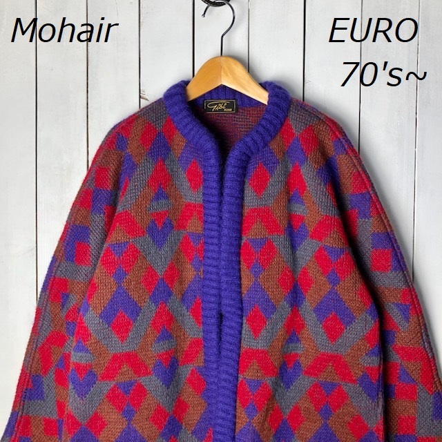 ヨーロッパ古着 70s~ ジャガード編み モヘアニットカーディガン 44 L程度 オールド ヴィンテージ EURO ユーロ 総柄 厚手 レトロ ●208拍卖