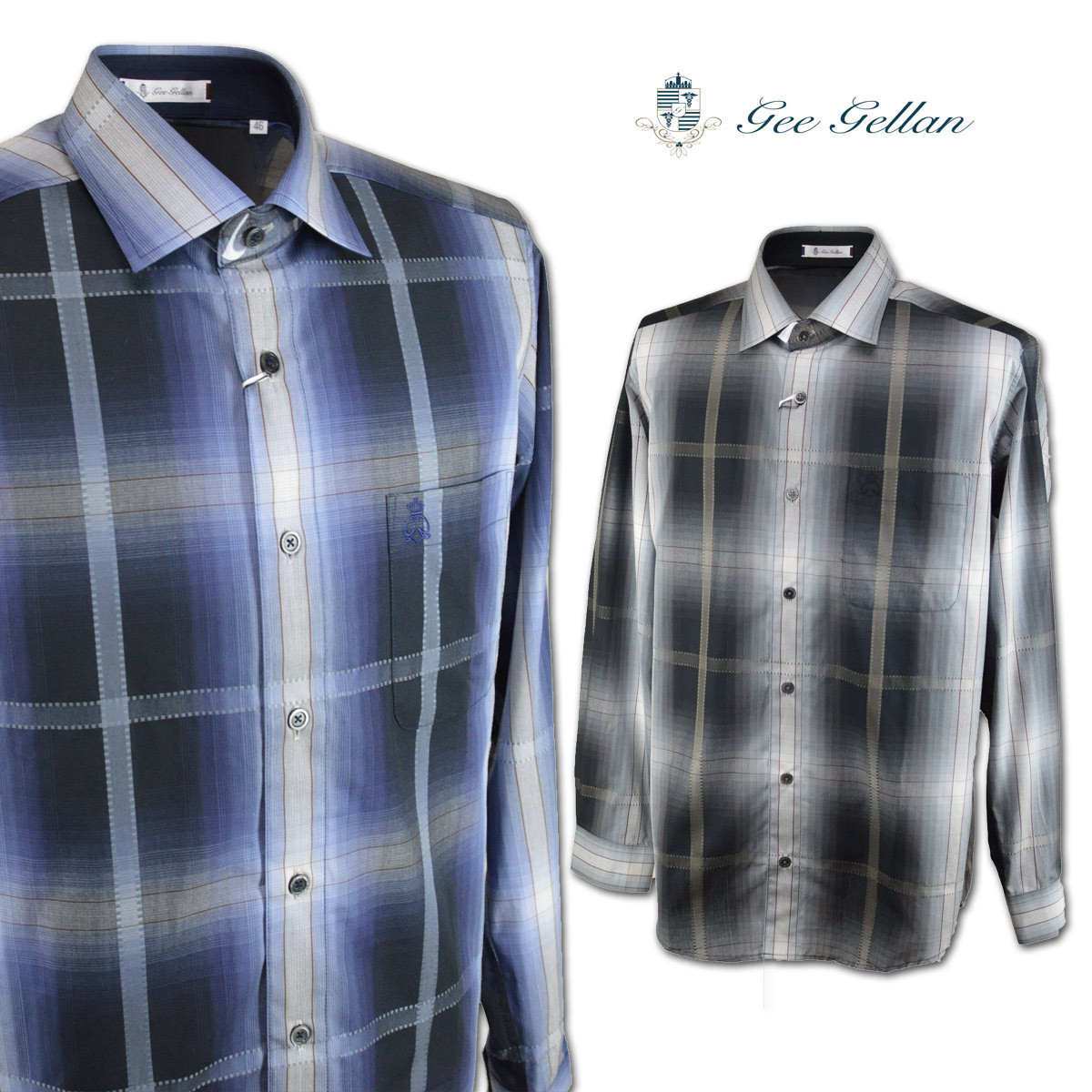 5割引【ゲラン】メンズ 長袖シャツ(46)M 紺 3110-1012-51 GEE GELLAN 日本製 オーストリア製生地 おしゃれ @拍卖