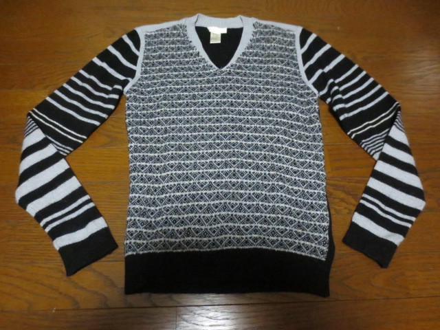 DIESEL ディーゼル 長袖 柄物 アルパカ入りニット Vネックセーター S 黒×グレー系 ルーマニア製拍卖
