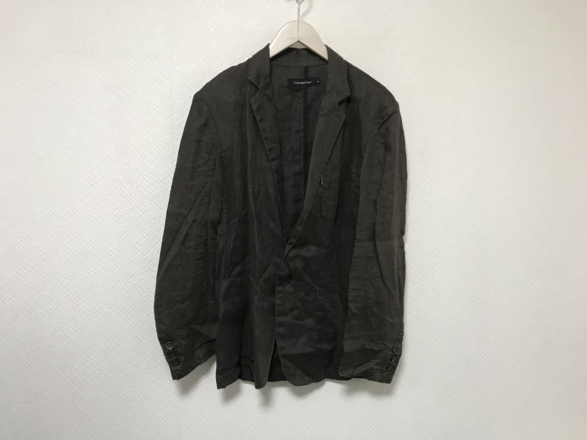 本物カルバンクラインジーンズCalvinKleinJeans麻リネンテーラードジャケットミリタリーアメカジサーフビジネススーツメンズMカーキ緑拍卖