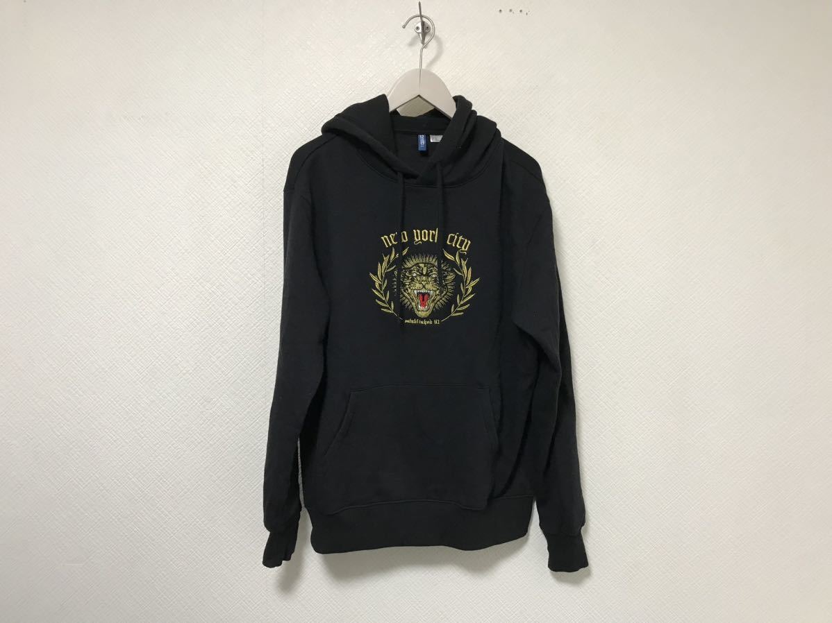本物エイチアンドエムH&Mコットンタイガー刺繍スウェットトレーナープリントパーカー長袖メンズアメカジサーフビジネス黒ブラックS拍卖