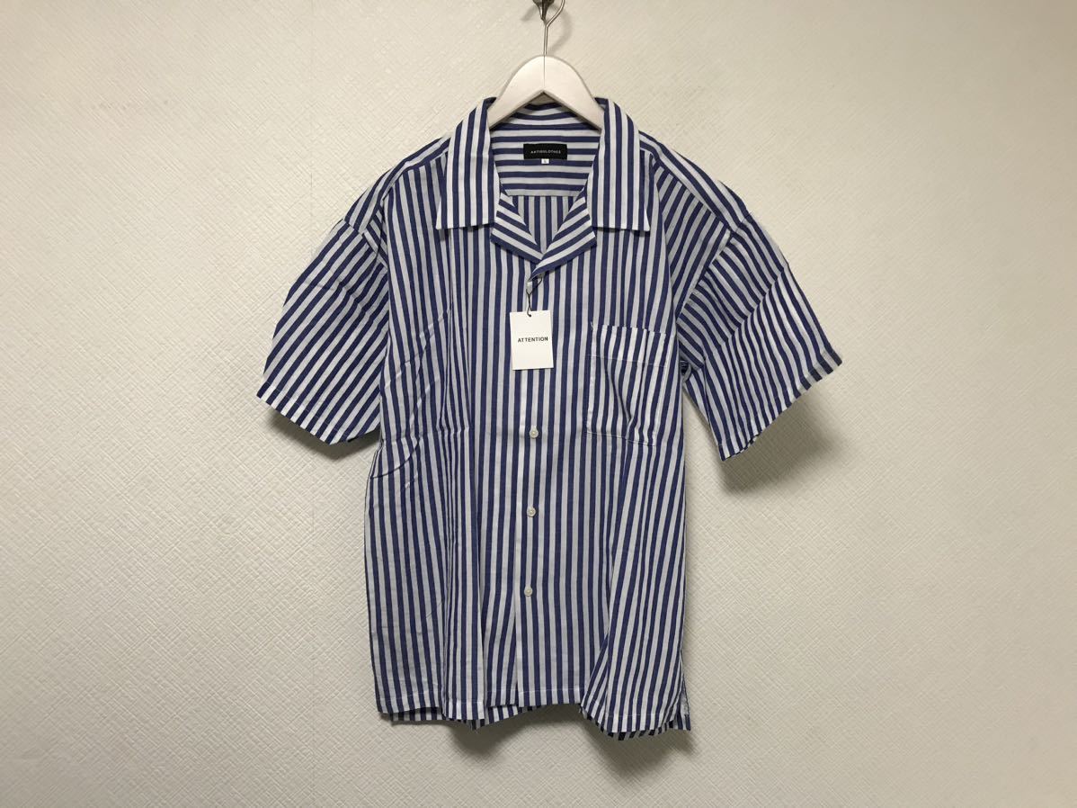新品未使用本物アンティクローズANTIQULOTHESコットンオープンカラーストライプ柄半袖シャツメンズアメカジビジネススーツ白青ブルーL拍卖
