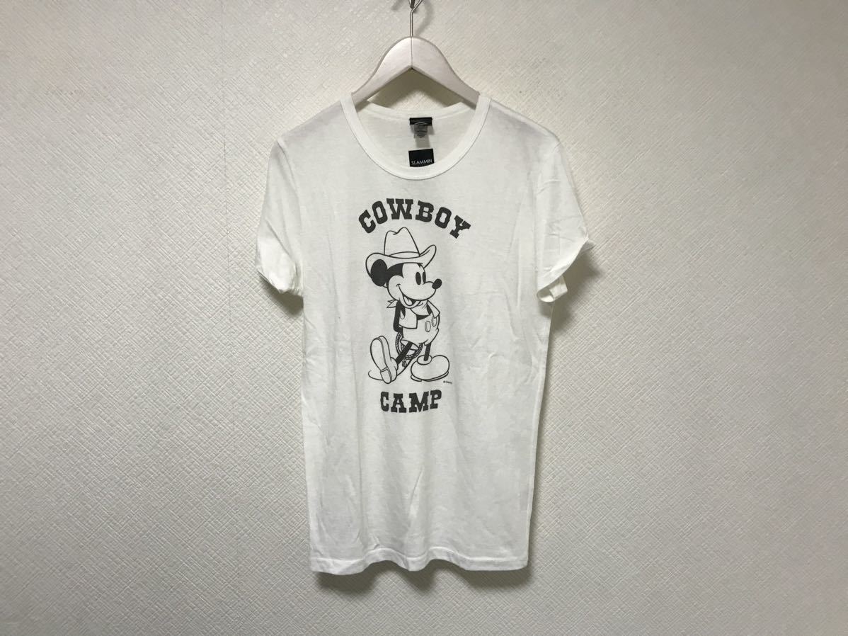 本物ディズニーDisneyコットンミッキープリントSLAMMIN半袖TシャツメンズレディースアメカジミリタリーサーフビジネススーツM白ホワイト拍卖