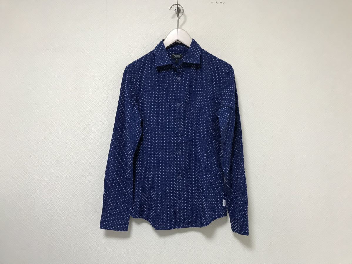 本物アルマーニジーンズARMANI JEANSコットン水玉柄ドレス長袖シャツメンズミリタリーアメカジサーフビジネススーツXS紺ネイビー拍卖