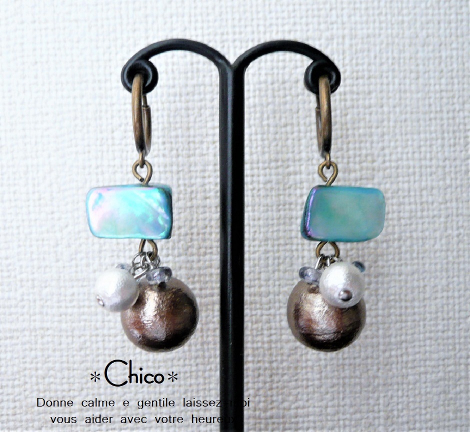 ★ピアスに見える!★ フープイヤリング ブルーシェル&ブロンズコットンパールetc ハンドメイドイヤリング ♪ ★2点以上送料無料!★拍卖