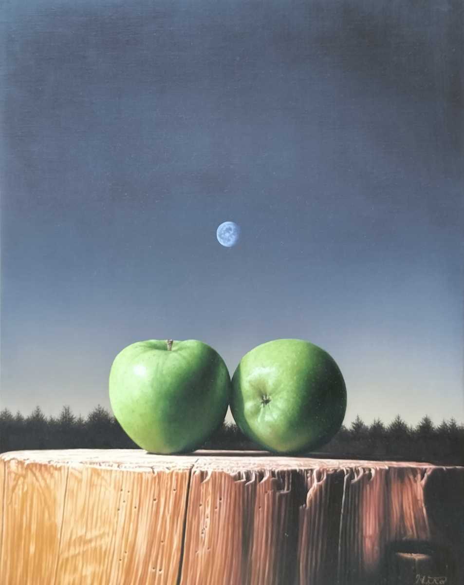 【石橋画廊】真作「月と林檎」F6号サイズ 油彩画 スーパーリアリズム 画商取扱人気作家 シュールリアリズム風な人気作品!齊藤博之作.!拍卖
