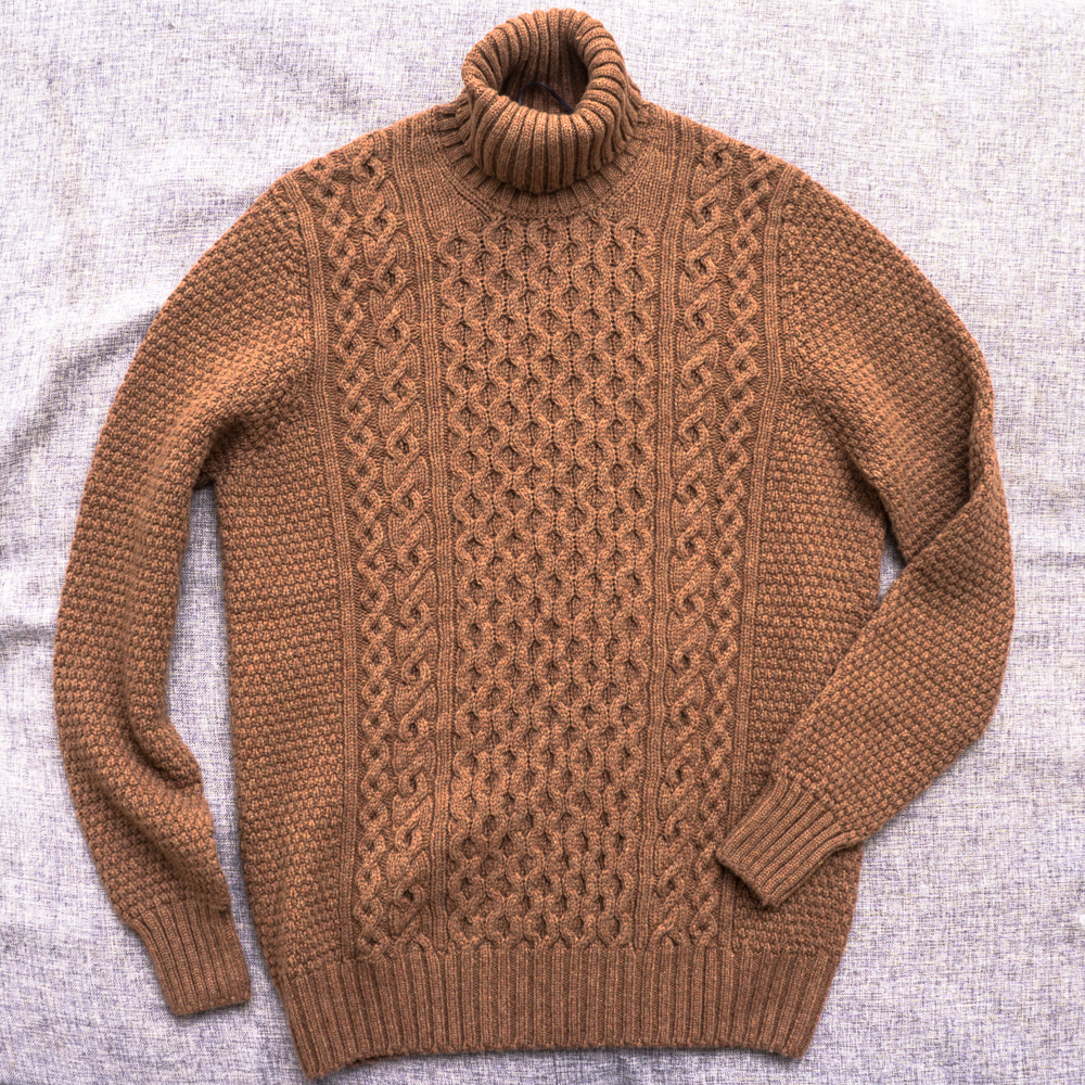 新品★ DRUMOHR ジーロンラムズウール タートルネック ケーブル ニット 50 ホールガーメント 送料込 ローゲージ メンズ 伊製 ドルモア拍卖