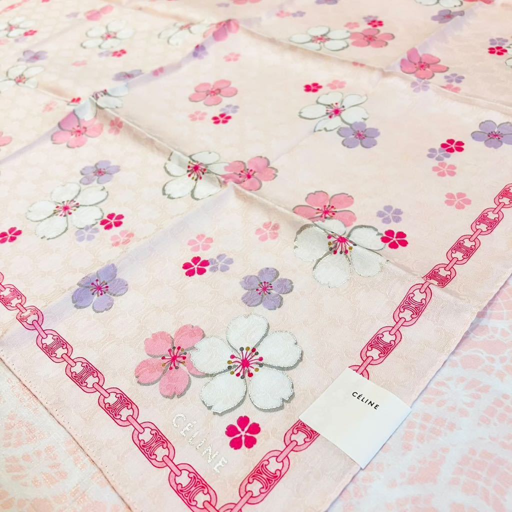 【人気柄】新品/CELINE/大判ハンカチ/正規品/綿100%/未使用/即決あり/匿名発送/セリーヌ/マカダム柄/スカーフ/58cm/ストール/桜/さくら拍卖