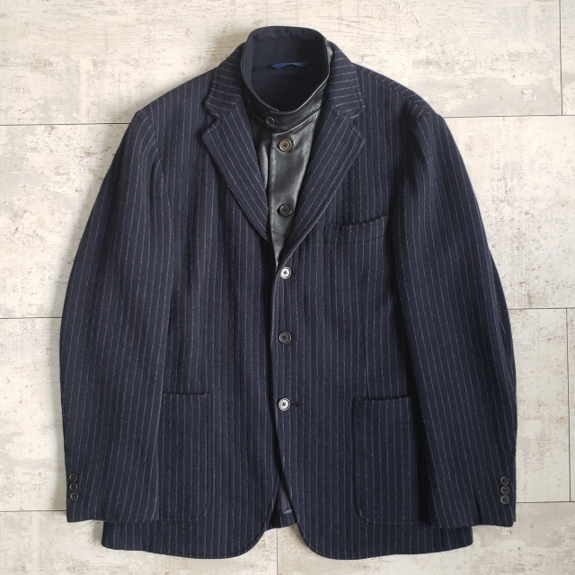 ベルベスト バーニーズニューヨーク レザー レイヤード風 ストライプ アンコンジャケット 50 イタリア製 紺 Belvest BARNEYS NEW YORK拍卖