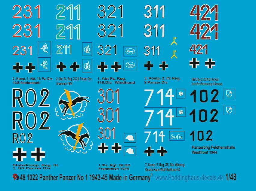 ●デカール1/48 パンター中戦車№1,(9輌),1943-45年 ドイツ製48-1022【高品質ドイツ製デカール!即決・送料無料!匿名発送】拍卖