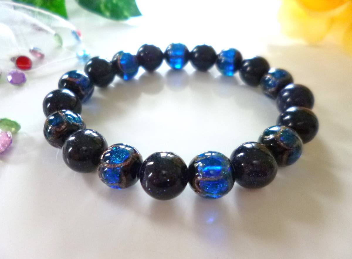 ☆きらきら輝く☆ミスティとんぼ玉☆ホタルガラス☆ブルーゴールドブラック★ブルーゴールドストーン(紫金石) ☆10mm☆☆16cm☆拍卖