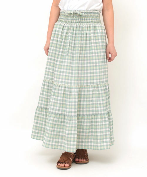 チチカカ スモッキングチェック フレアスカート ロングスカート コットン 刺繍拍卖