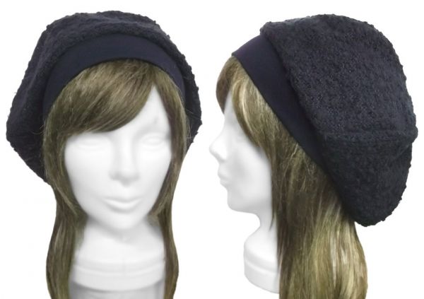 ◇送料無料◇ ハンドメイド◆リブ付ベレー帽◆透かし織ネップニット/ネイビー ◇ゆったりサイズ・小顔効果・長いシーズン着用◇拍卖