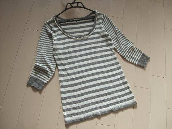 セーター レディース ビジュー パール 38 毛混★ボーダー柄拍卖