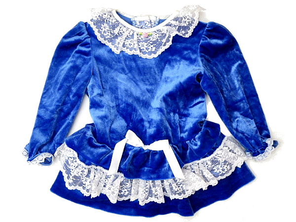 KO412★送料無料★CALIFORNIA TALK★結婚式 発表会 アメリカ製 ブルー青色 レース×フリル ベルベット素材 ドレス 長袖ミニワンピース 2T拍卖