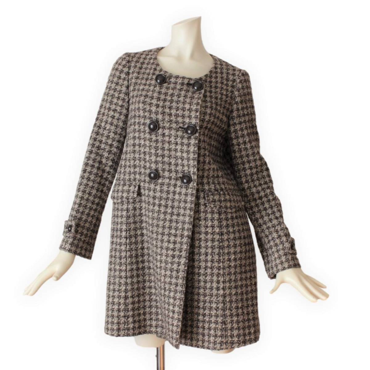 E09【美品】ノーカラー コート 38 レディース M 9号 千鳥格子柄 OPAQUE.CLIP オペーク ドット クリップ tqe ★クリーニング済★送料無料★拍卖