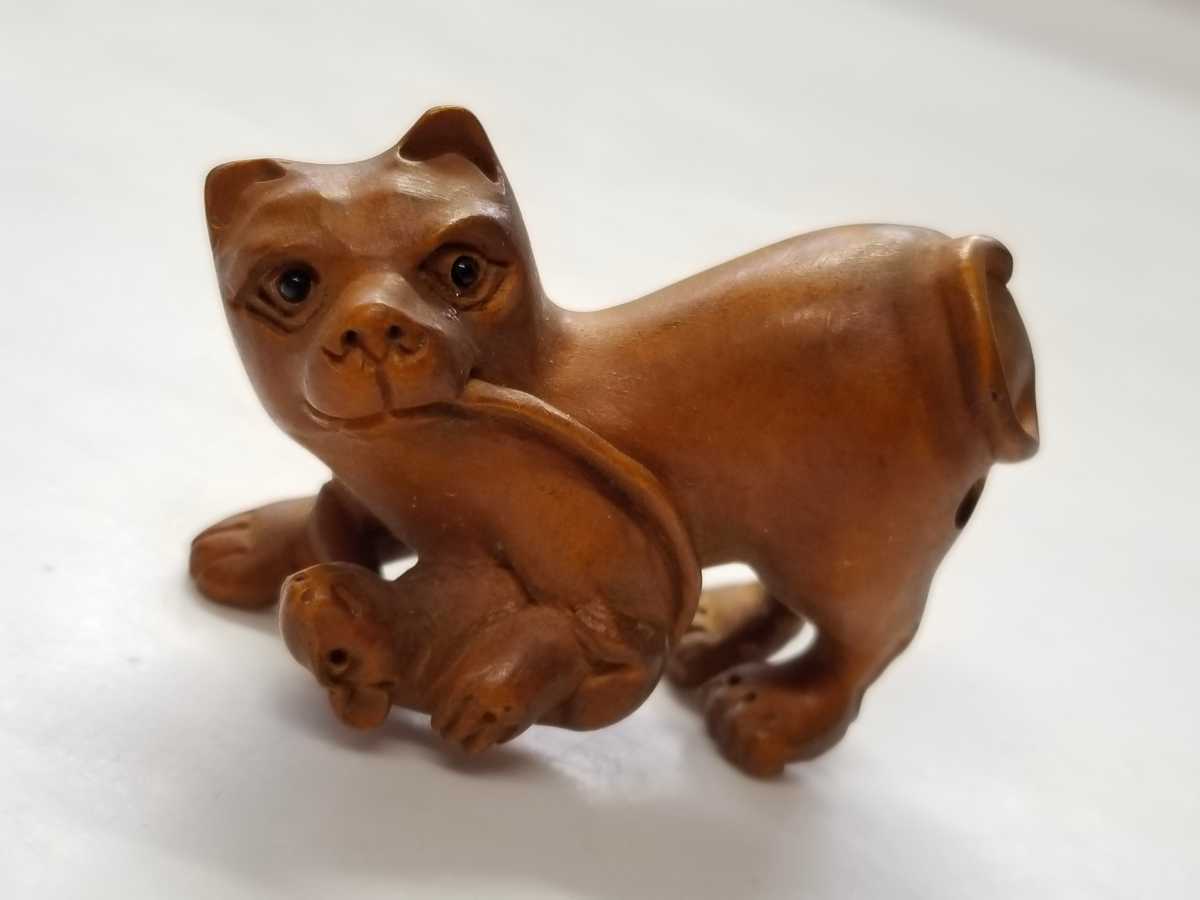 猫の置物 木彫り ネズミ拍卖