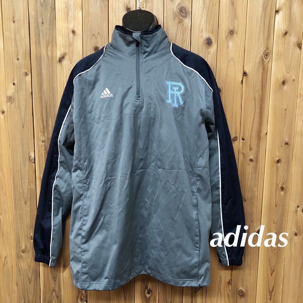 adidas◇アディダス /メンズM ハーフジップ トップス ウィンドブレーカー ロゴ刺繍 裾コードあり 紺×グレー トレーニング スポーツウェア拍卖