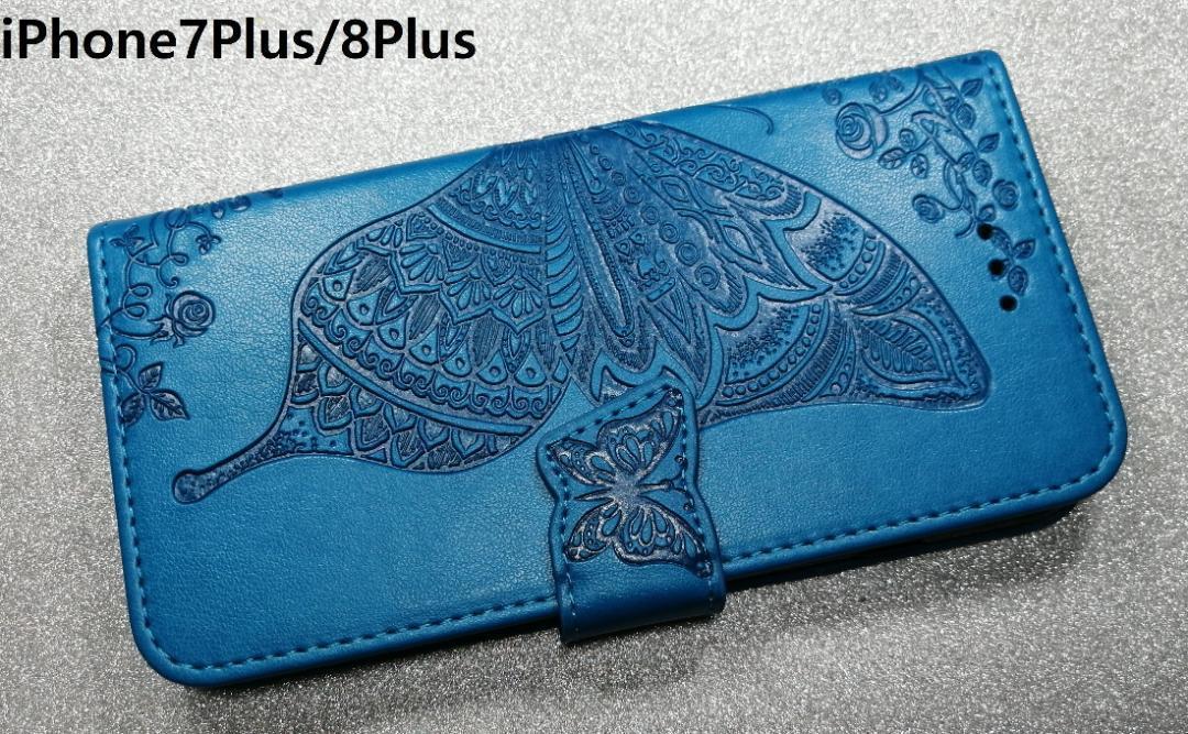 手帳型 iPhone7Plus/8Plus用 ケース 蝶 花柄 青ブルー拍卖