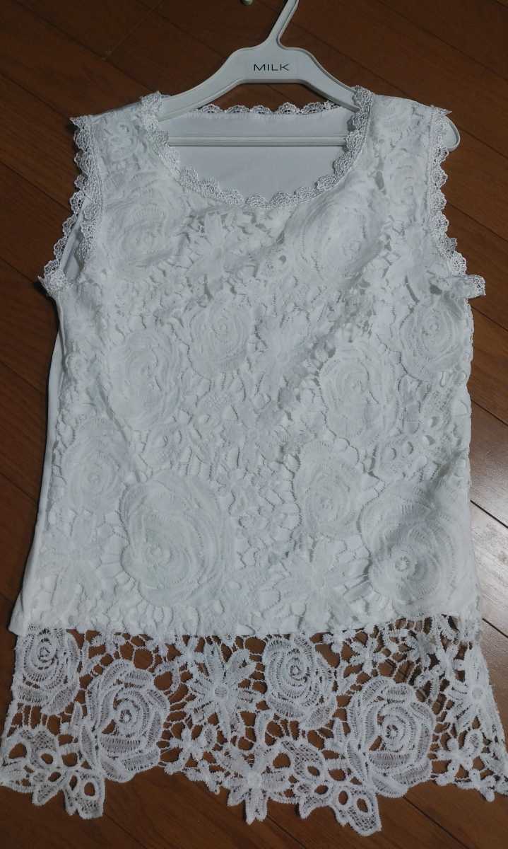 即決☆未使用☆お花柄 総レース ノースリーブ タンクトップ ホワイト M 定型外拍卖