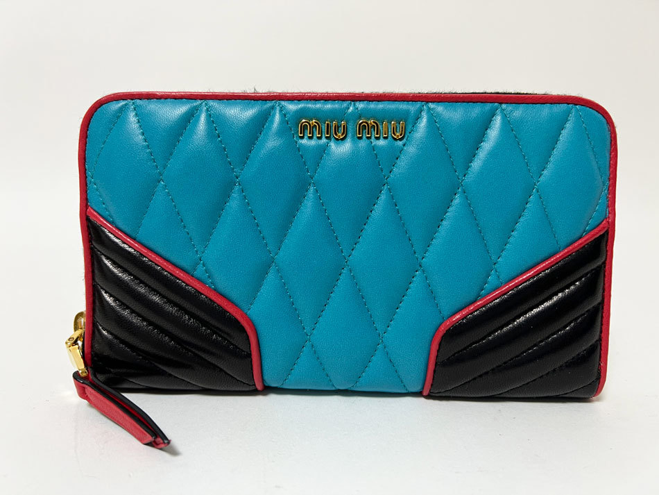 送料無料 miu miu ミュウミュウ ファスナー 長財布 ナッパ レザー NAPPA BIKER COL TURCHESE+NER 5M0506 超美品拍卖