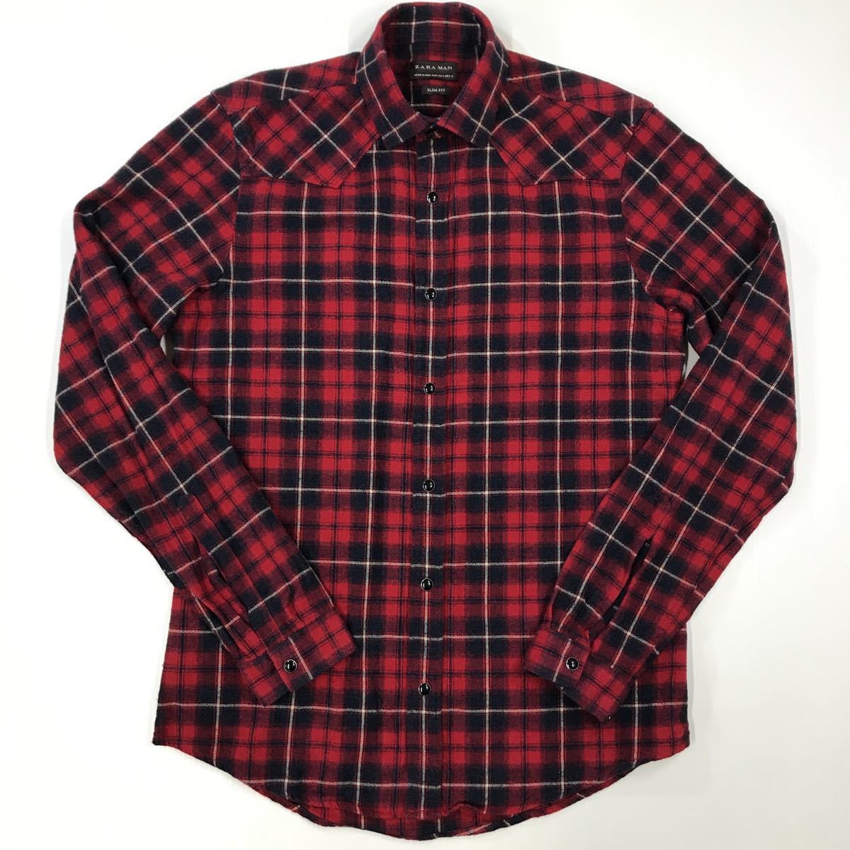 ZARA MAN ザラ チェックシャツ 長袖シャツ ウエスタンシャツ スリムフィット ネルシャツ スナップボタン メンズ 38 22-90a拍卖