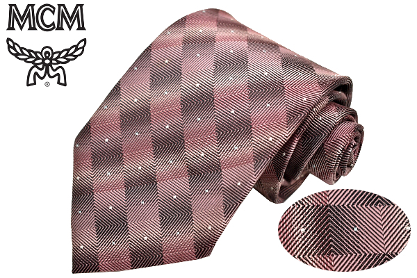 N-2681★送料無料★超美品★MCM Legere エムシーエム★日本製 暗めのピンク チェック ピンドット 光沢 織り生地 シルクネクタイ拍卖