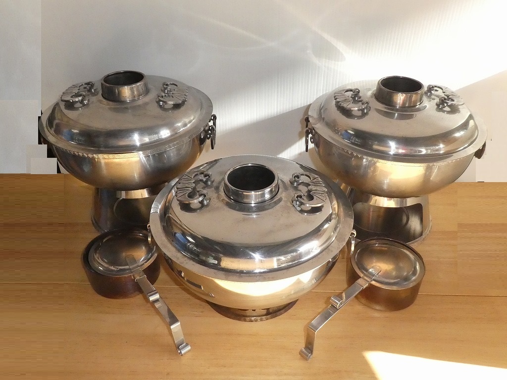 ●ステンレス ホーコー鍋 3台セット ガス用 固形燃料用 火鍋 厨房機器 鍋約25㎝ 店舗用品 鍋物 しゃぶしゃぶ鍋●中華拍卖