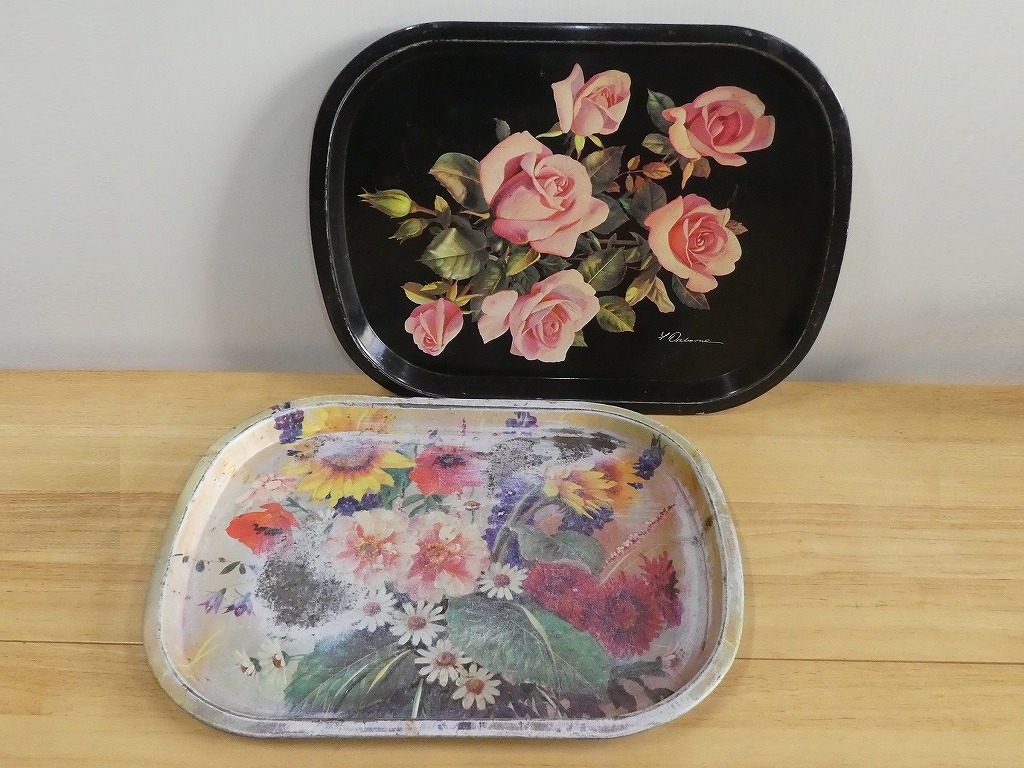 ★レトロ 花柄 ローズ 薔薇 トレイ 2枚 お盆 ヴィンテージ 当時物 時代物 昭和レトロ ヴィンテージ★拍卖